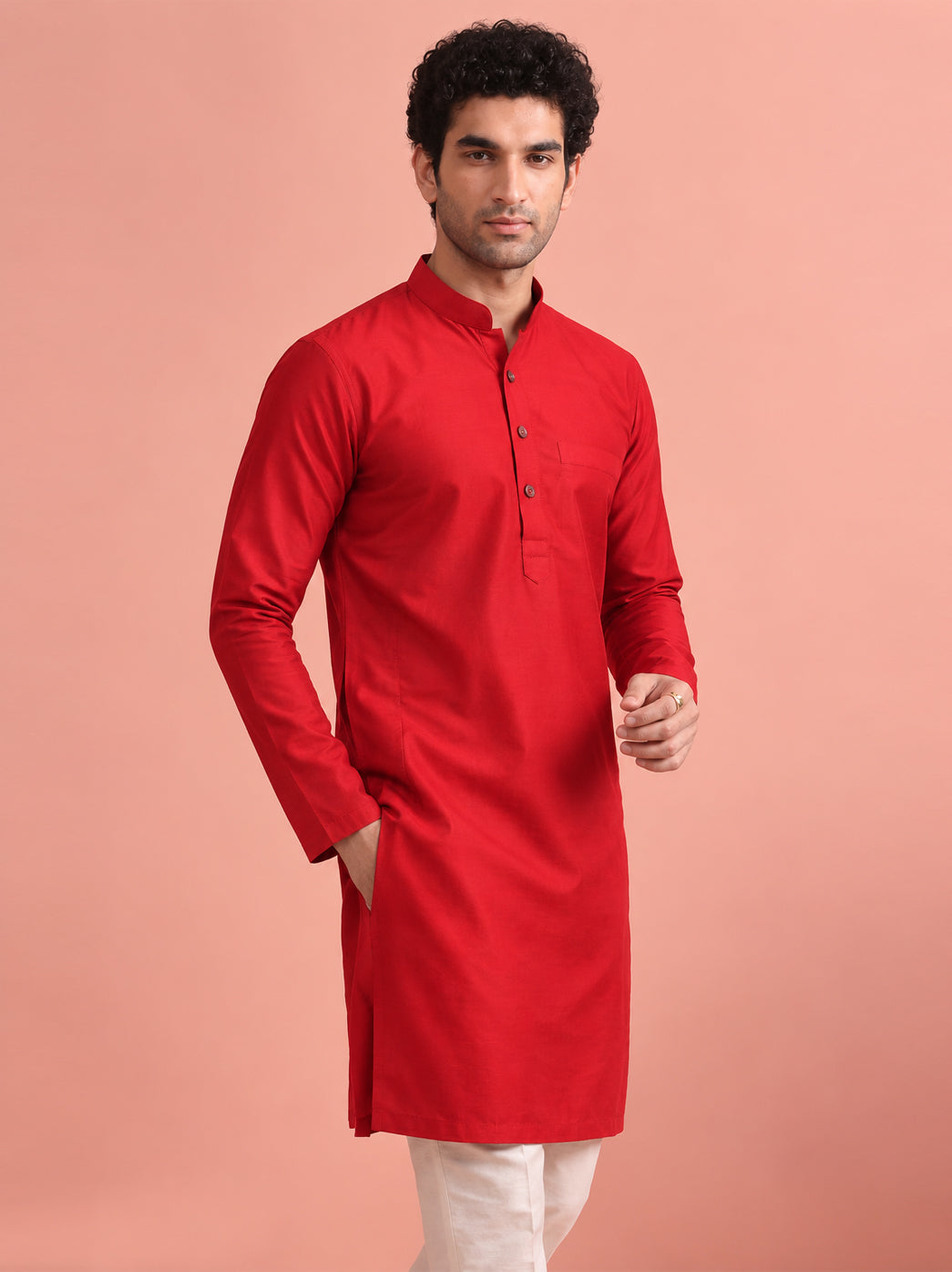 Classic men’s straight kurta with cotton fabric, regular fit, full sleeves, Mandarin collar, chest pocket, and timeless design for casual and festive wear