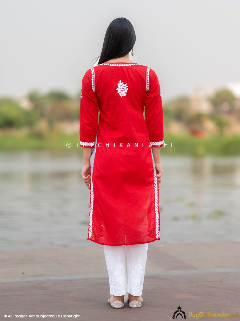 Red Saba Cotton Chikankari Straight Kurti ,Chikankari Straight Kurti in Cotton Fabric For Woman