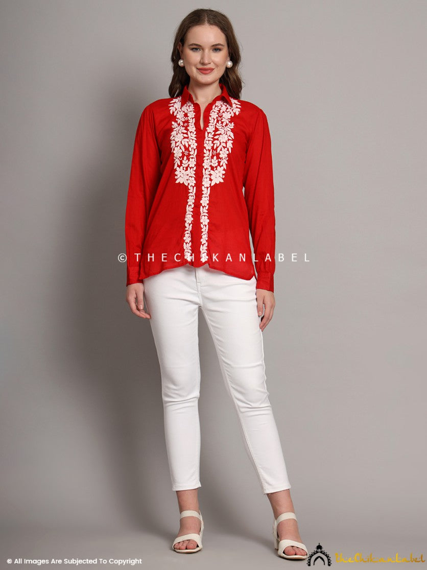 Red Drisha Mulmul Cotton Chikankari Shirt