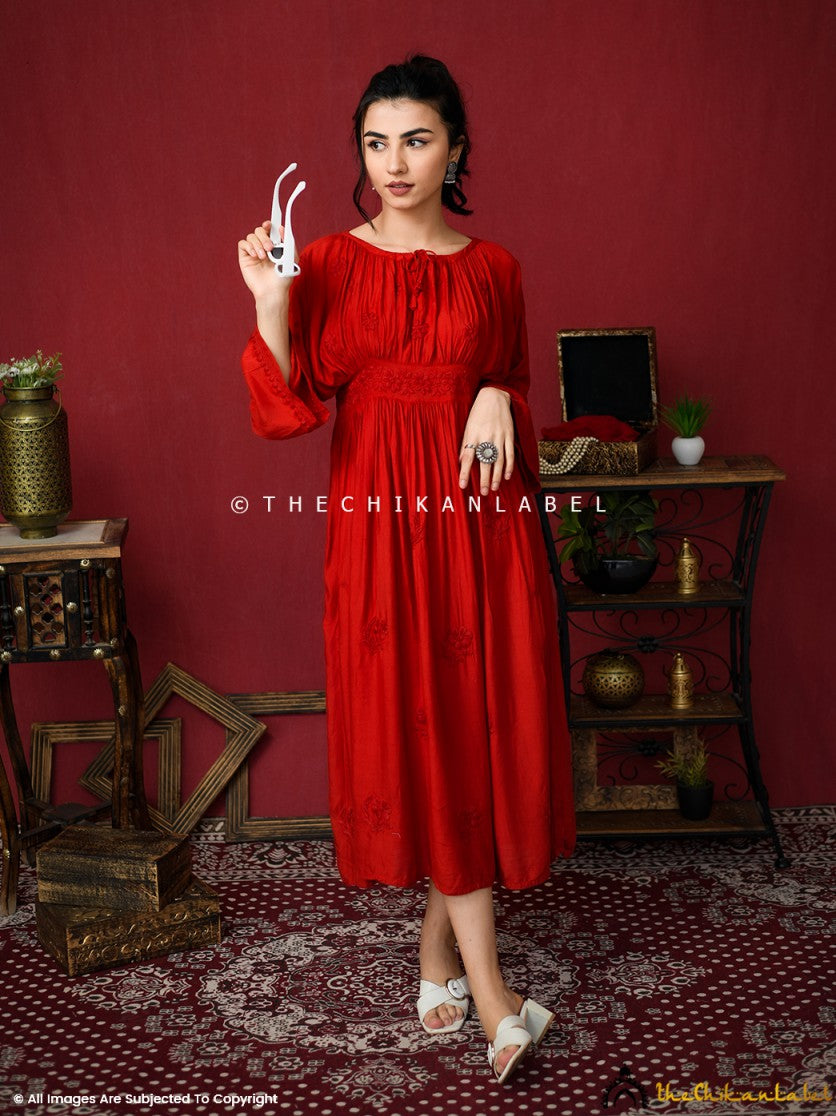Red Ezzah Muslin Chikankari Tunic Dress