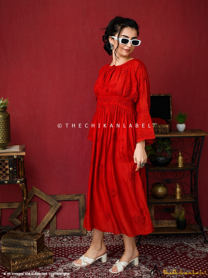 Red Ezzah Muslin Chikankari Tunic Dress