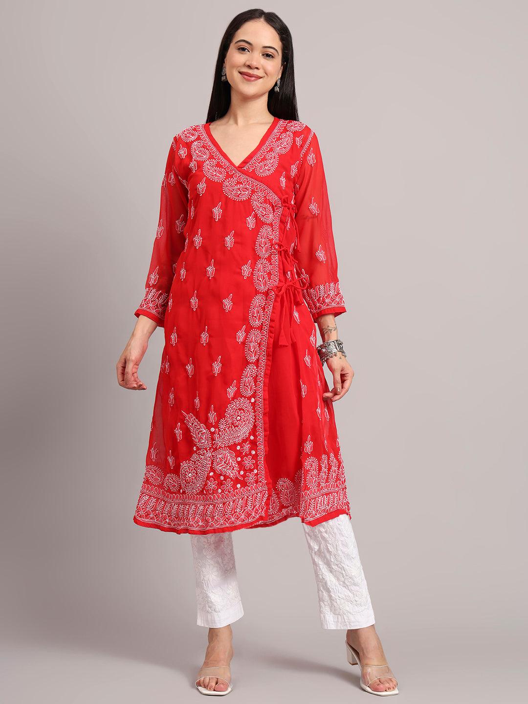 Jaanvi Georgette Chikankari Angrakha - Red