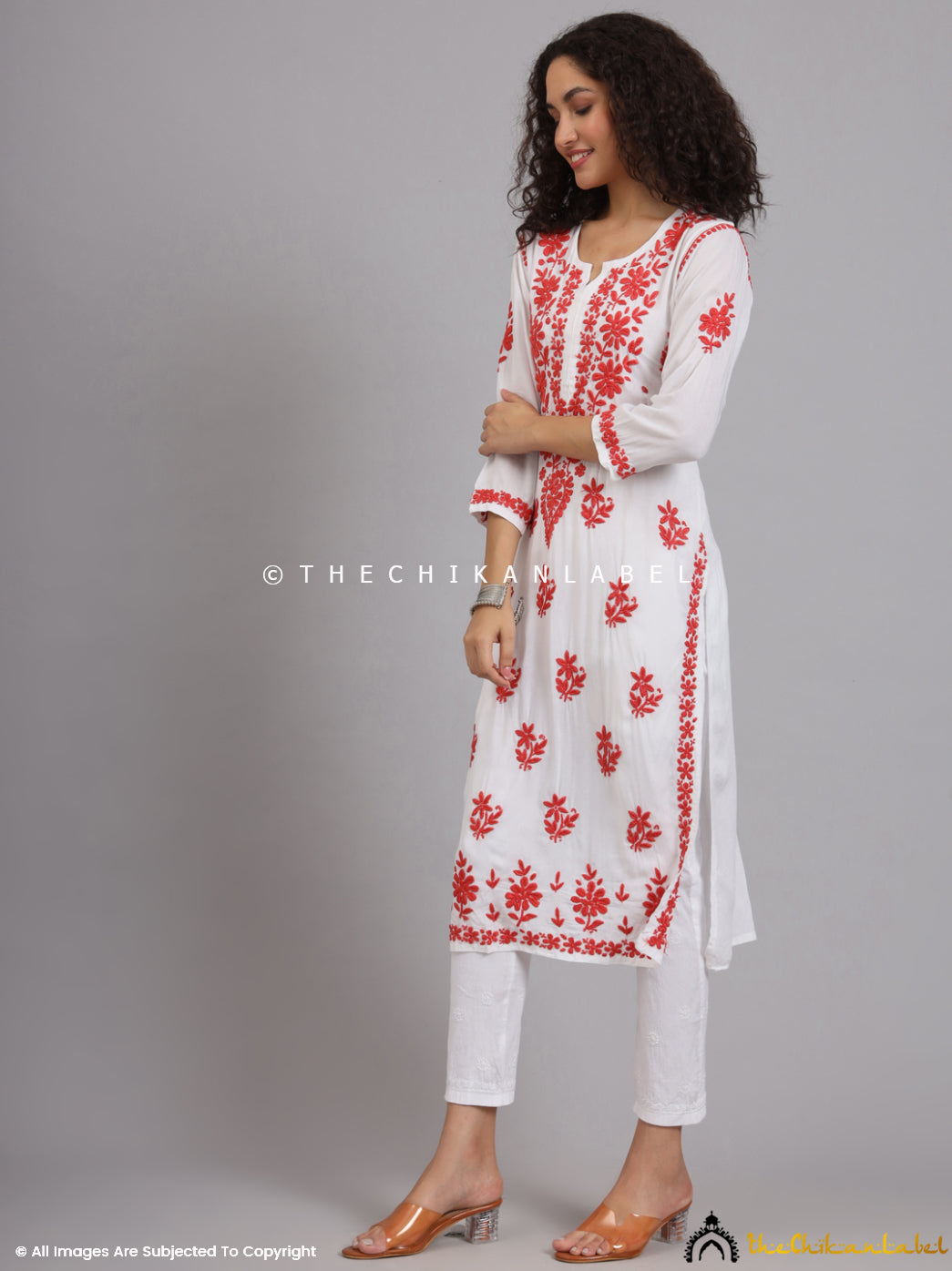 Red Jugni Modal Chikankari Straight Kurti