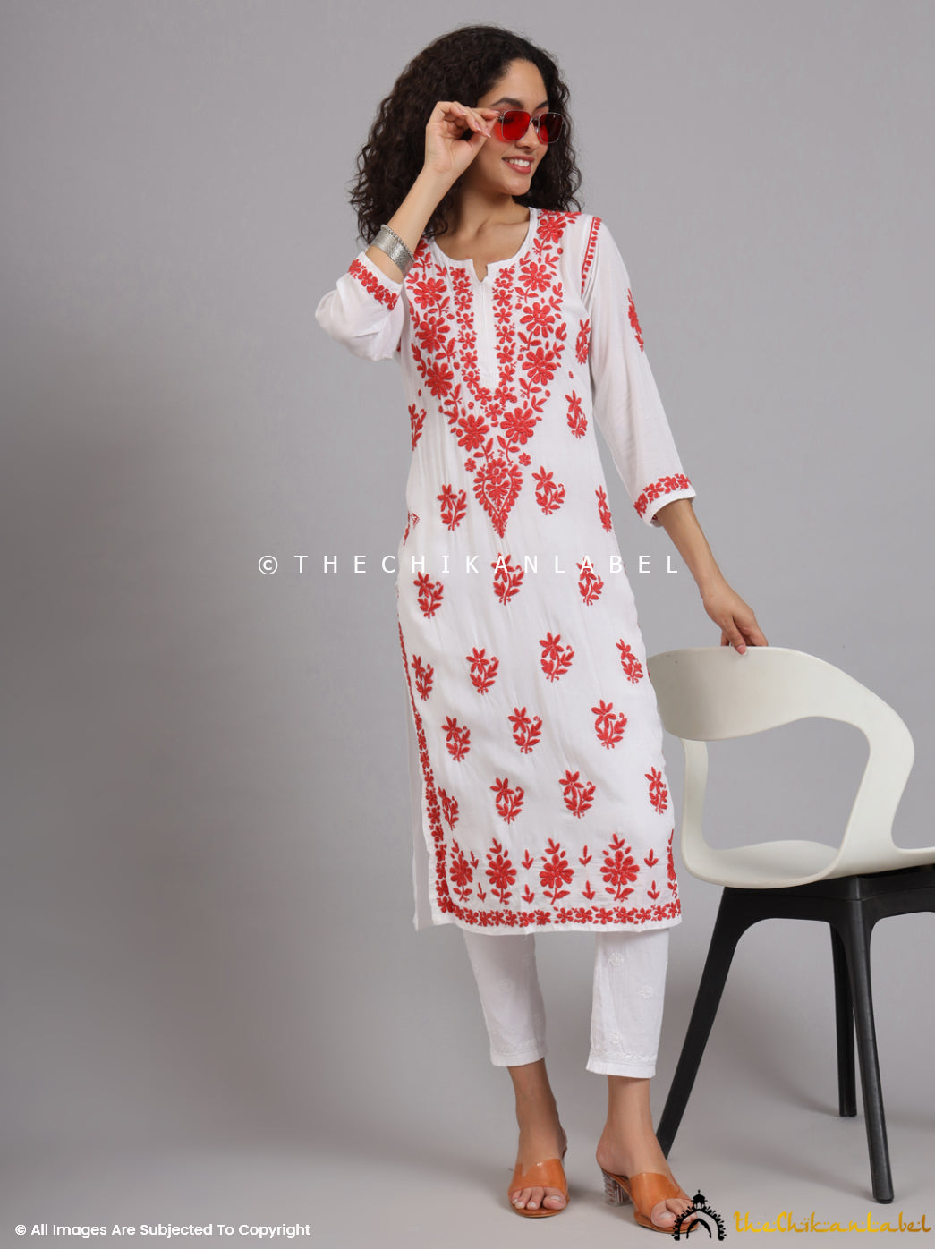 Red Jugni Modal Chikankari Straight Kurti