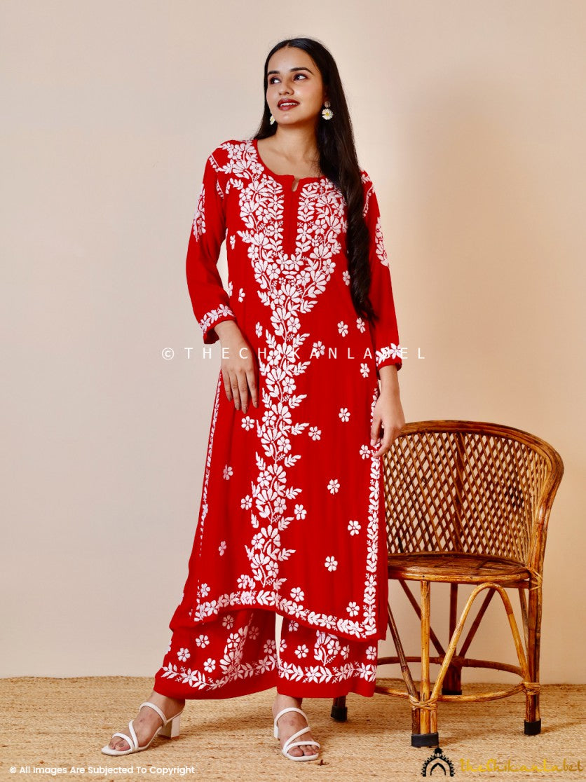 Red Kashish Modal Chikankari Kurti Palazzo Set