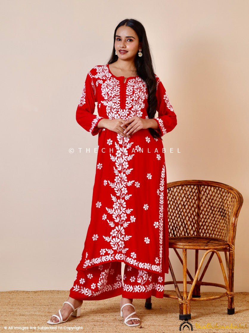 Red Kashish Modal Chikankari Kurti Palazzo Set