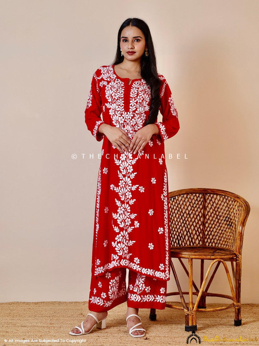 Red Kashish Modal Chikankari Kurti Palazzo Set