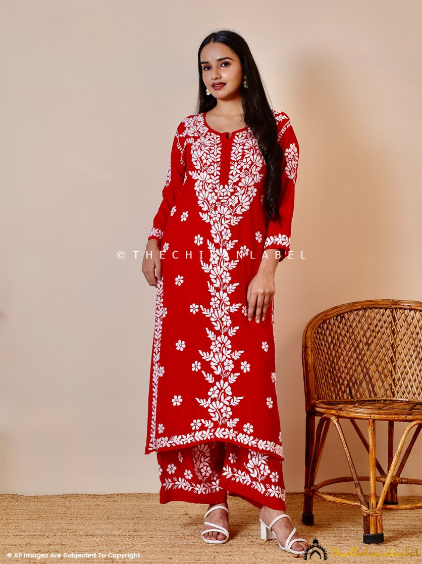 Red Kashish Modal Chikankari Kurti Palazzo Set