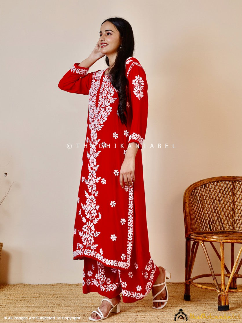 Red Kashish Modal Chikankari Kurti Palazzo Set