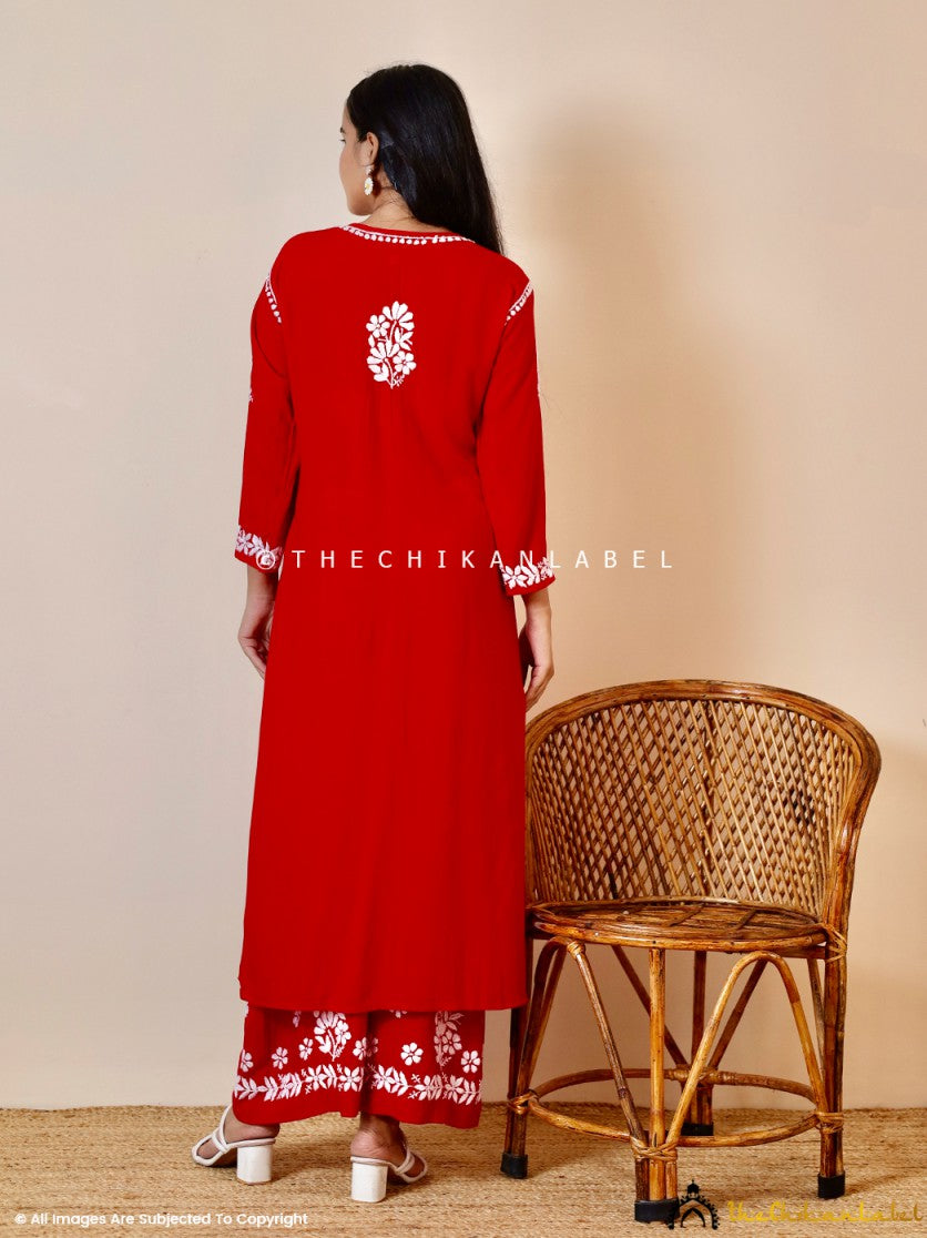 Red Kashish Modal Chikankari Kurti Palazzo Set