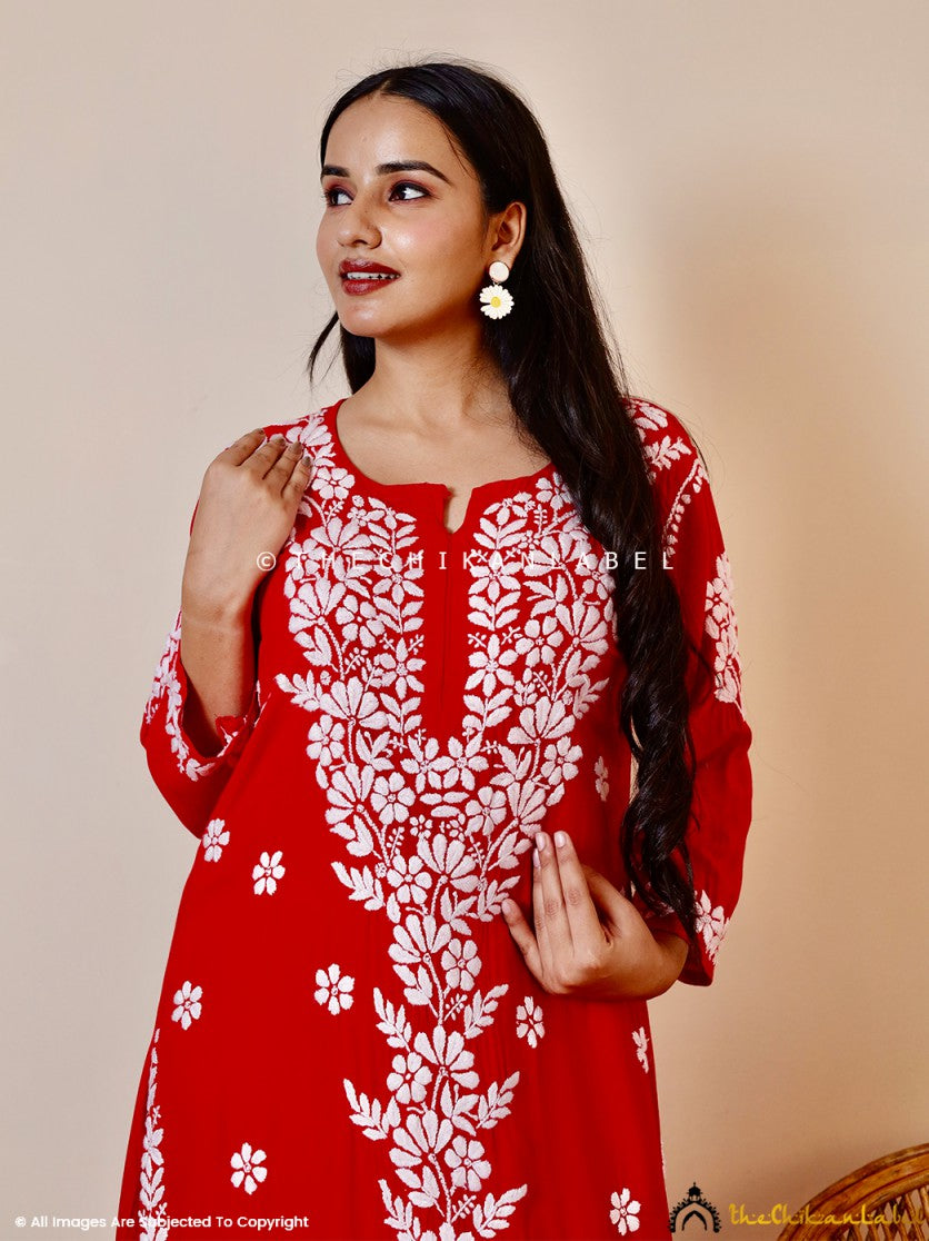 Red Kashish Modal Chikankari Kurti Palazzo Set