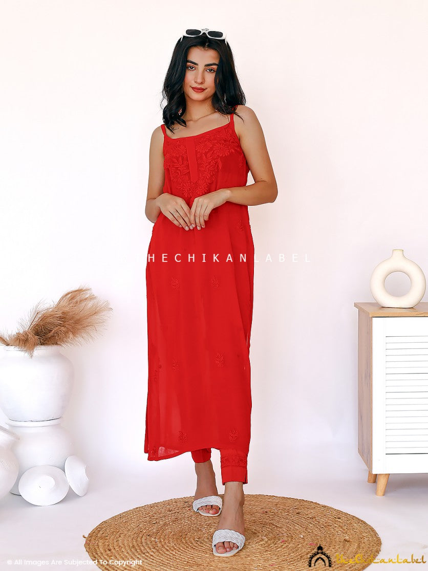 Red Lehza Viscose Chikankari Strappy Kurta