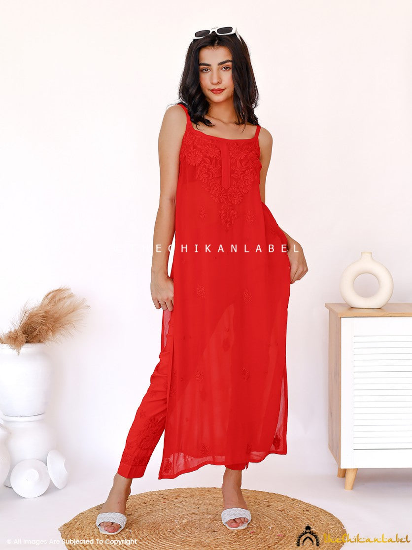 Red Lehza Viscose Chikankari Strappy Kurta