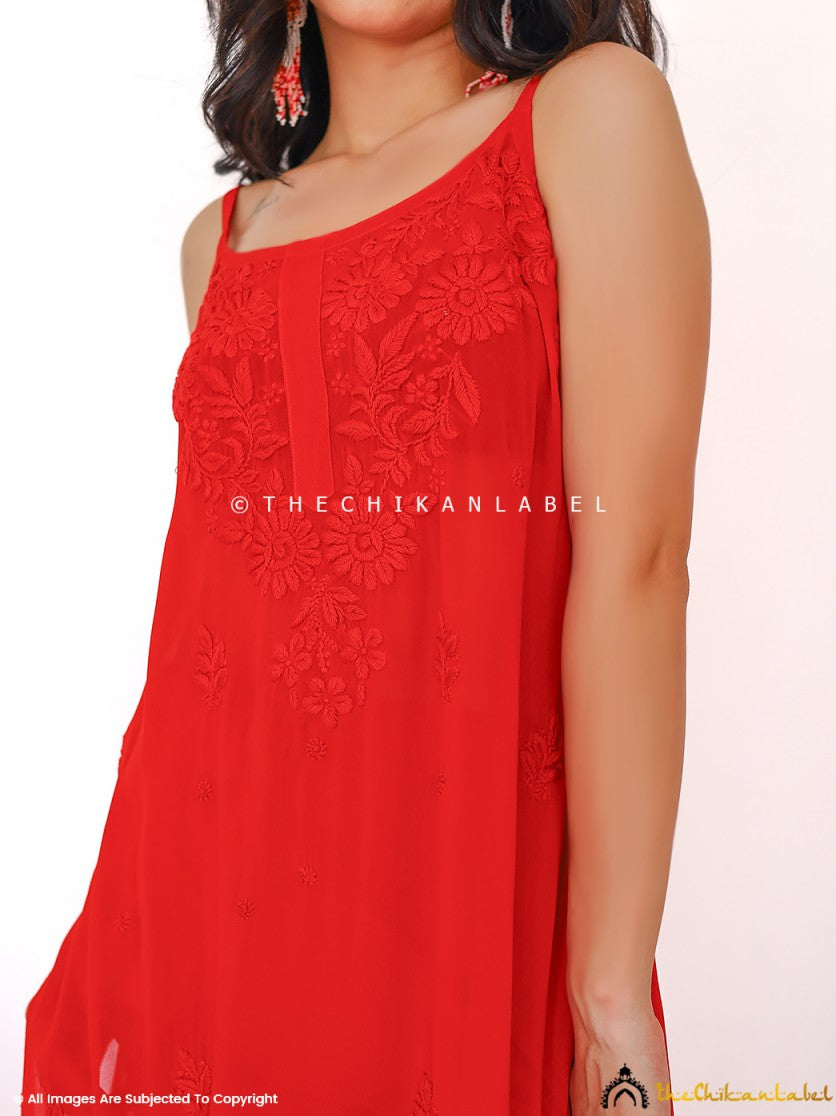 Red Lehza Viscose Chikankari Strappy Kurta