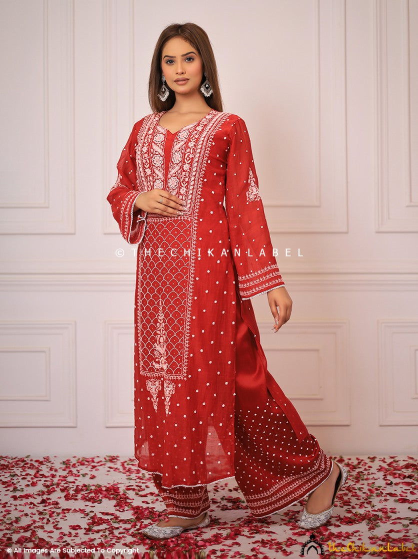 Buy Traditional Wear Red Chikankari Cambric Cotton Phulkari Suit Online  From Surat Wholesale Shop.