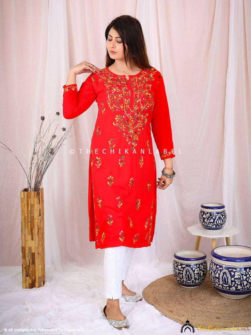Red Rayon Chikankari Straight Kurti ,Chikankari Straight Kurti in Rayon Fabric For Woman
