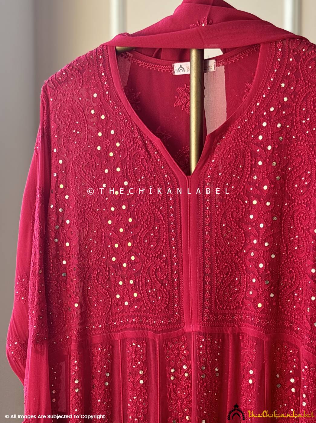 Red Naazni Viscose Chikankari Anarkali