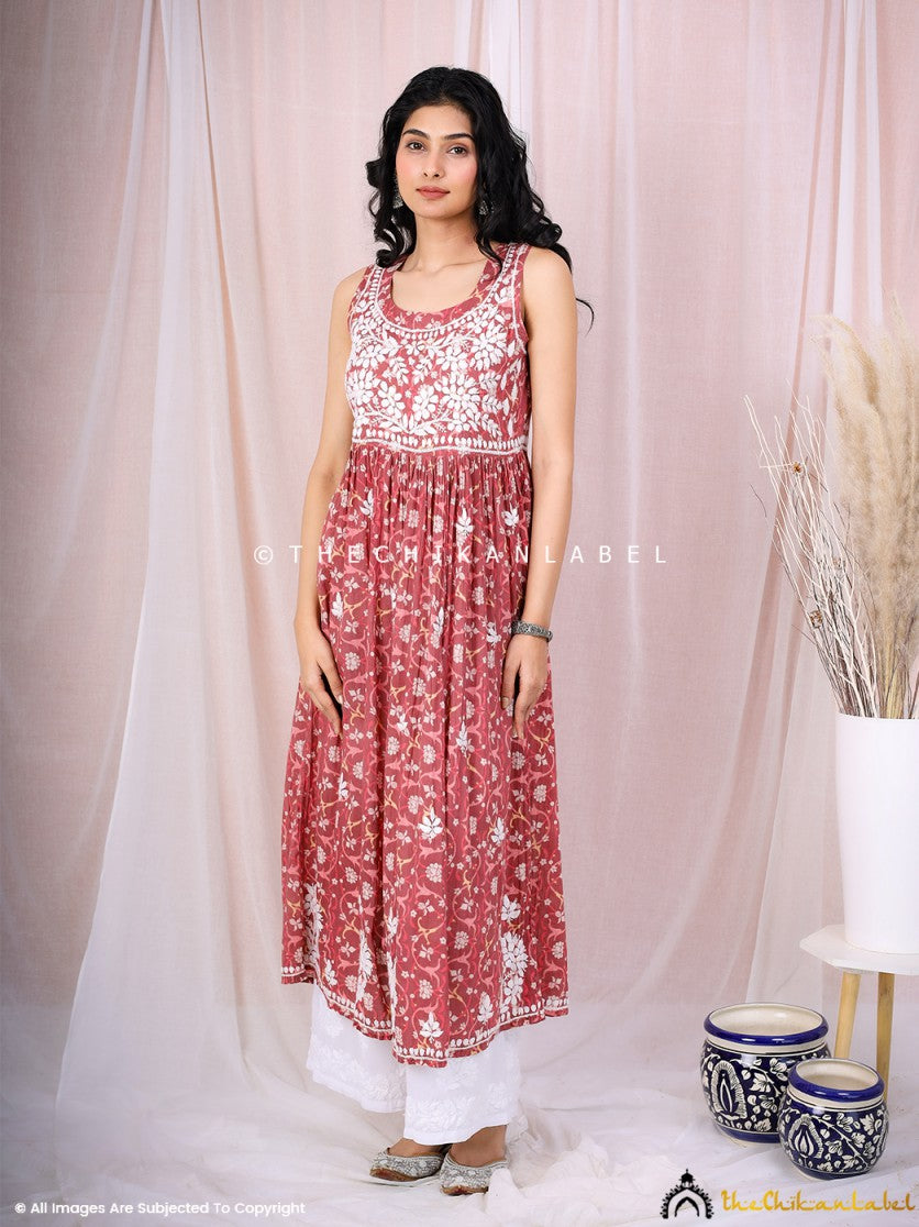 Coral Rahila Mulmul Printed Sleeveless A-Line Kurti ,Printed Sleeveless A-Line Kurti in Mulmul Fabric For Woman