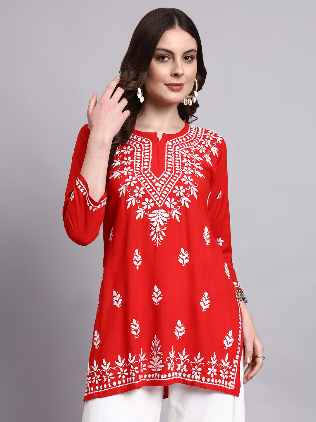Authentic handmade chikankari short kurta with floral embroidery pattern on neckline, sleeves, and hemline