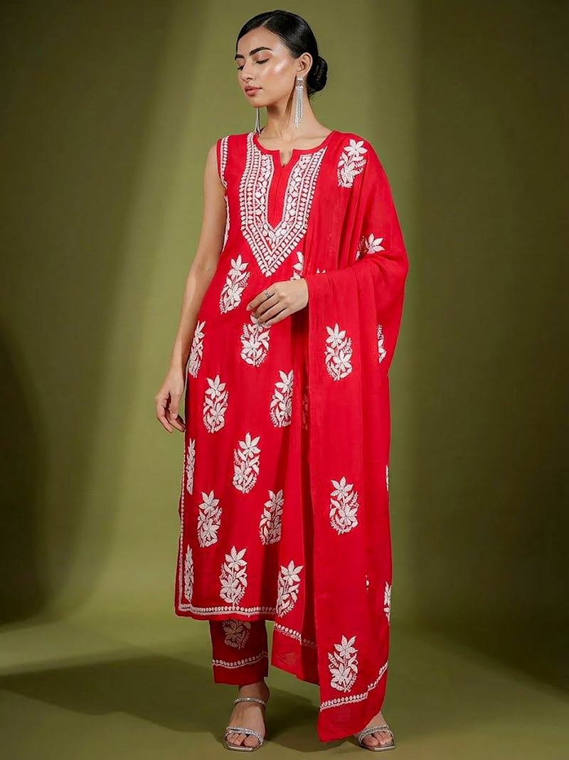 Ashvi Modal Chikankari Sleeveless Kurta Set with Dupatta - Red