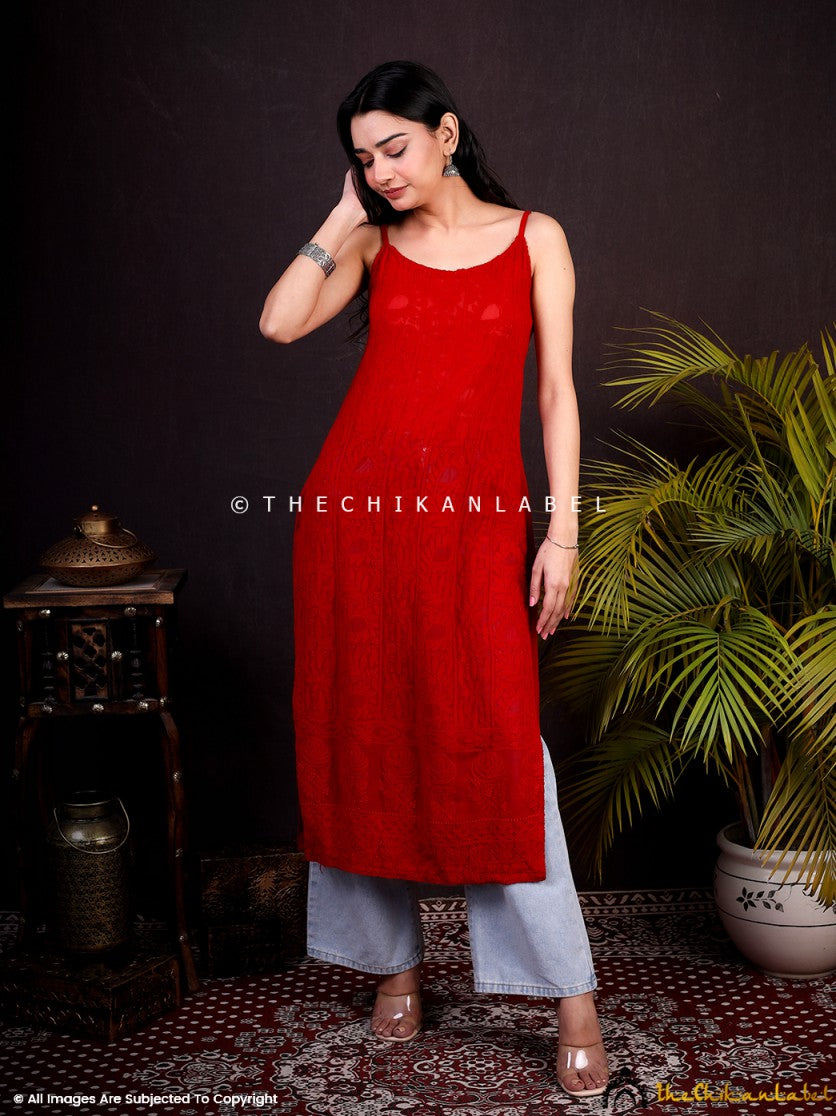 Red Sukoon Viscose Chikankari Strappy Kurta , Chikankari Strappy Kurta in Viscose Fabric For Woman