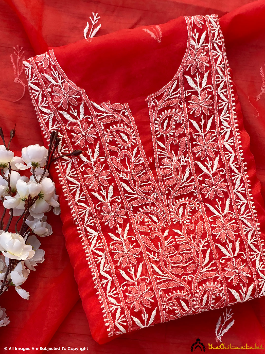 Nazrana Organza Chikankari Kurti Piece with Dupatta - Red