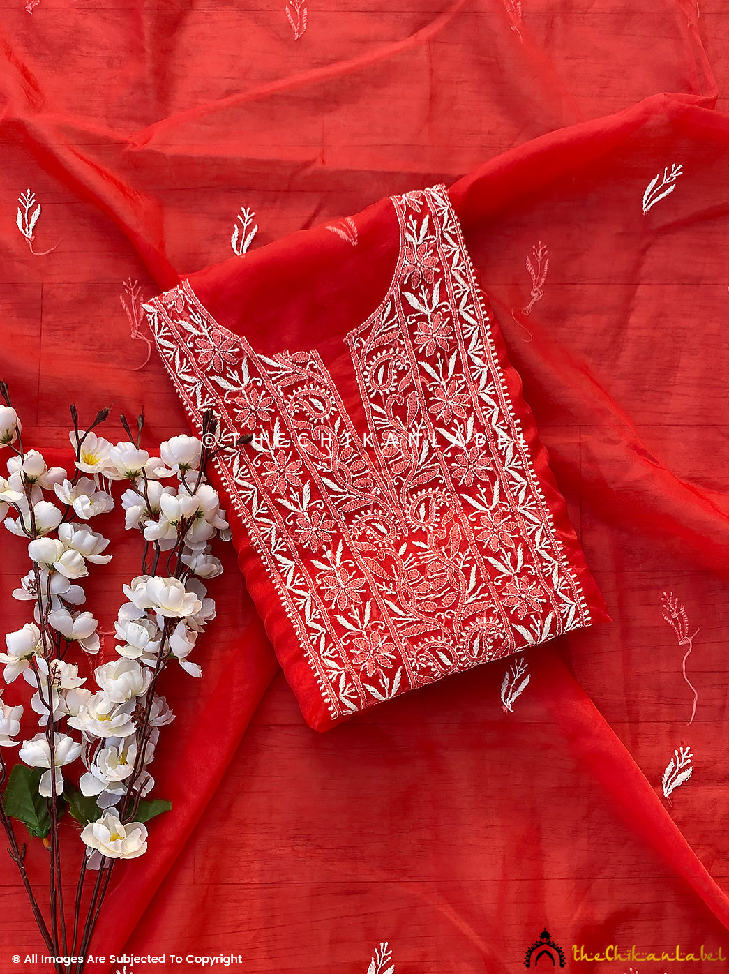 Nazrana Organza Chikankari Kurti Piece with Dupatta - Red