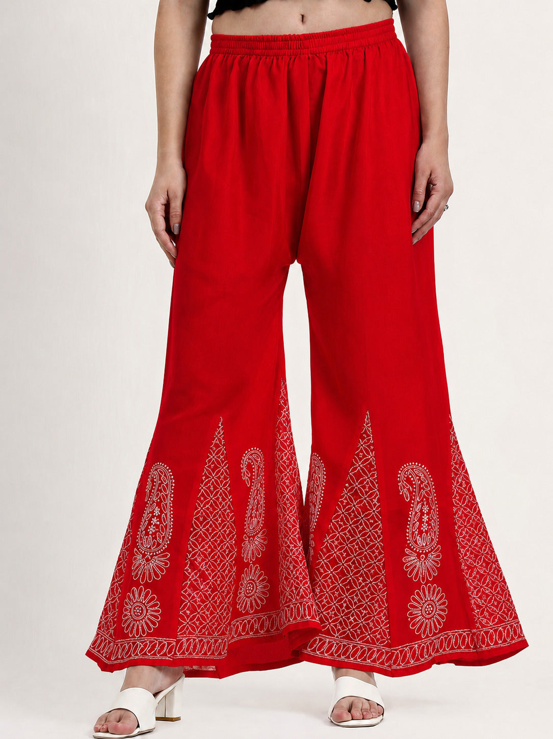 Red Areeba Georgette Chikankari Sharara With White Threadwork