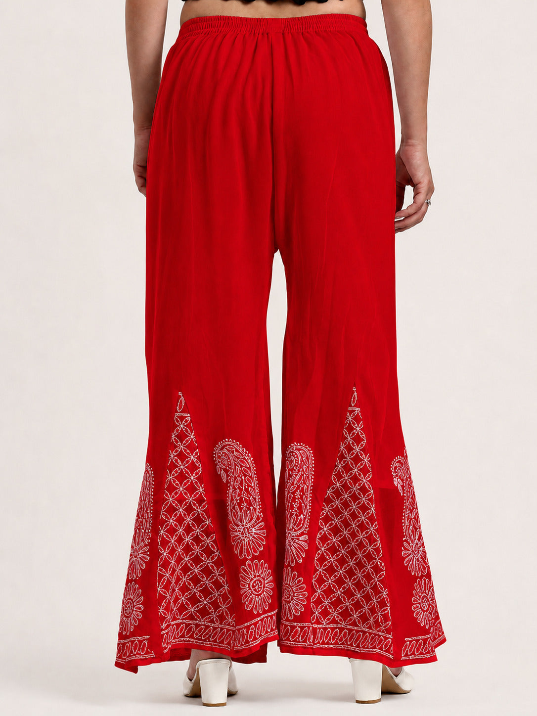 Red Areeba Georgette Chikankari Sharara With White Threadwork