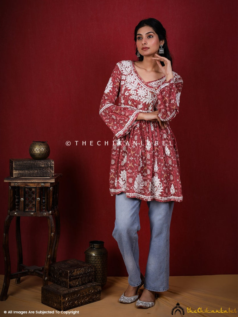 Shwet Women Red Chikankari Angarkha Top main image 0