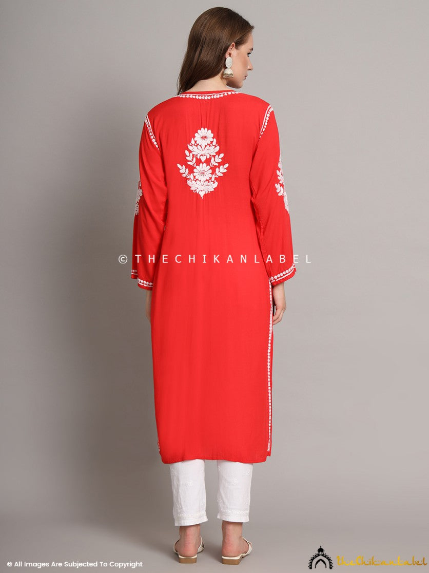 Red Sanaya Modal Chikankari Straight Kurti