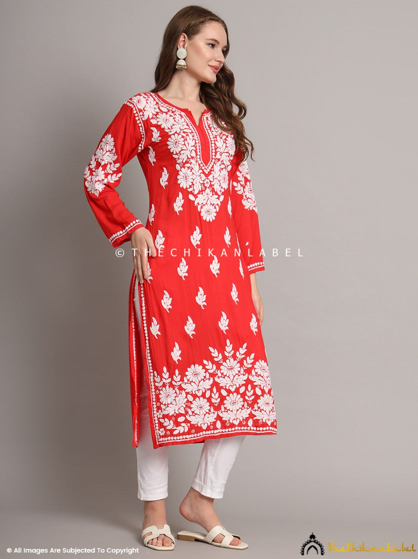 Red Sanaya Modal Chikankari Straight Kurti