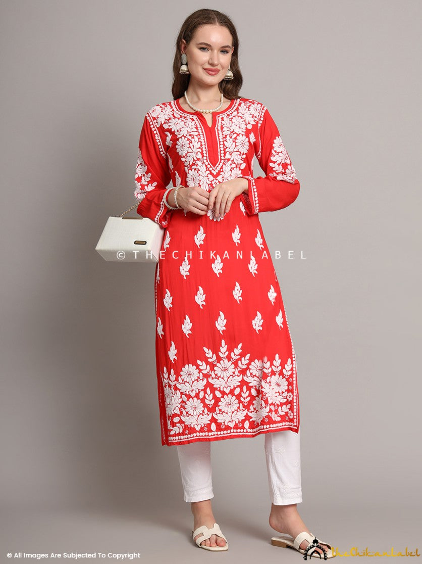 Red Sanaya Modal Chikankari Straight Kurti