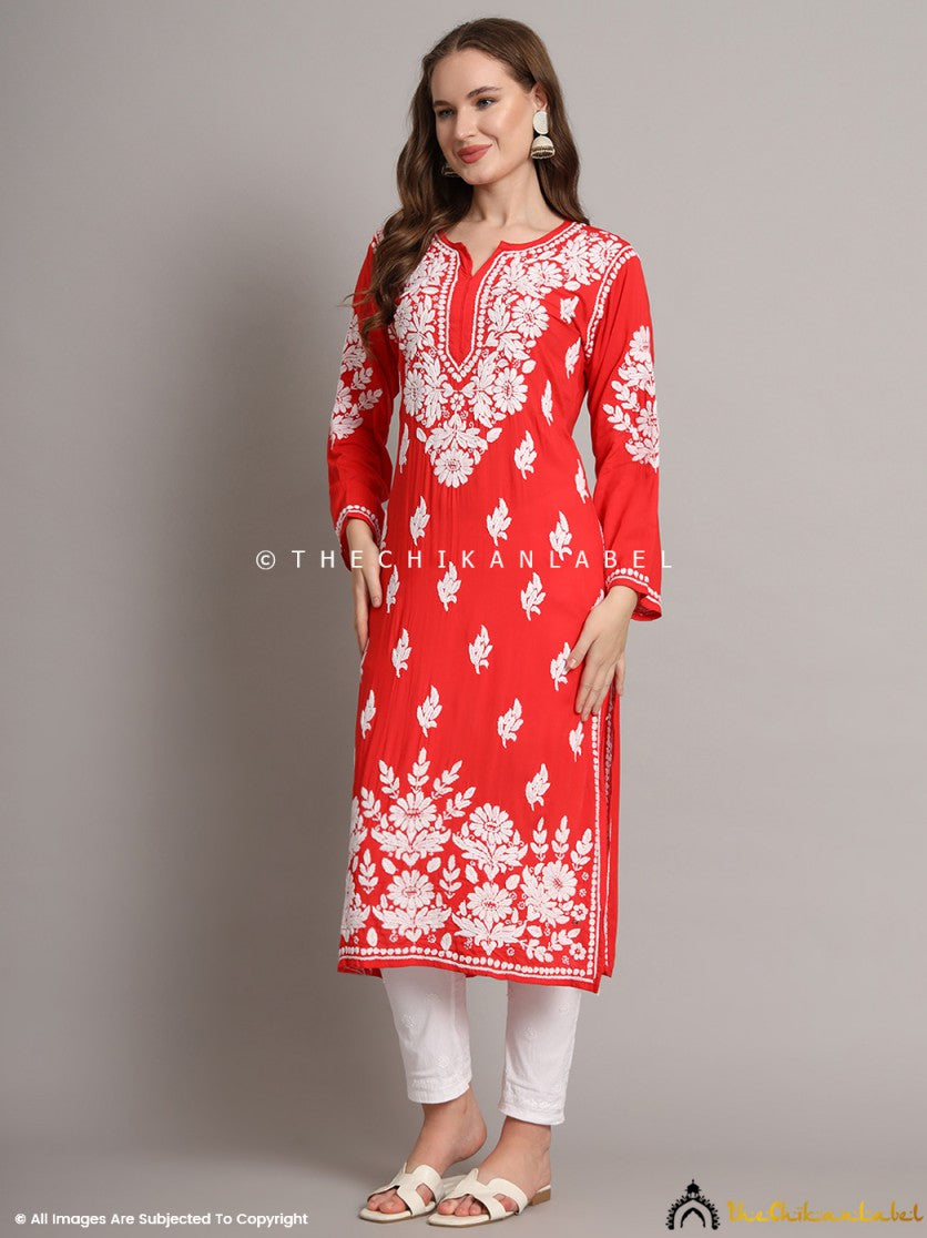 Red Sanaya Modal Chikankari Straight Kurti