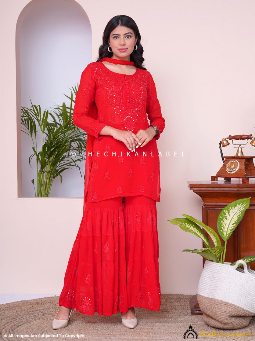 Buy chikankari kurti palazzo dupatta online at best prices, Shop authentic Lucknow chikankari handmade kurta kurti palazzo dupatta in viscose fabric for women 6