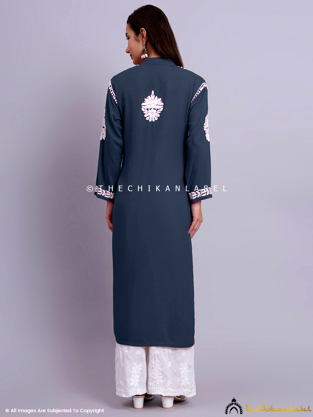 Detailed embroidery shot of the rayon chikankari kurti highlighting artisanal craftsmanship.

