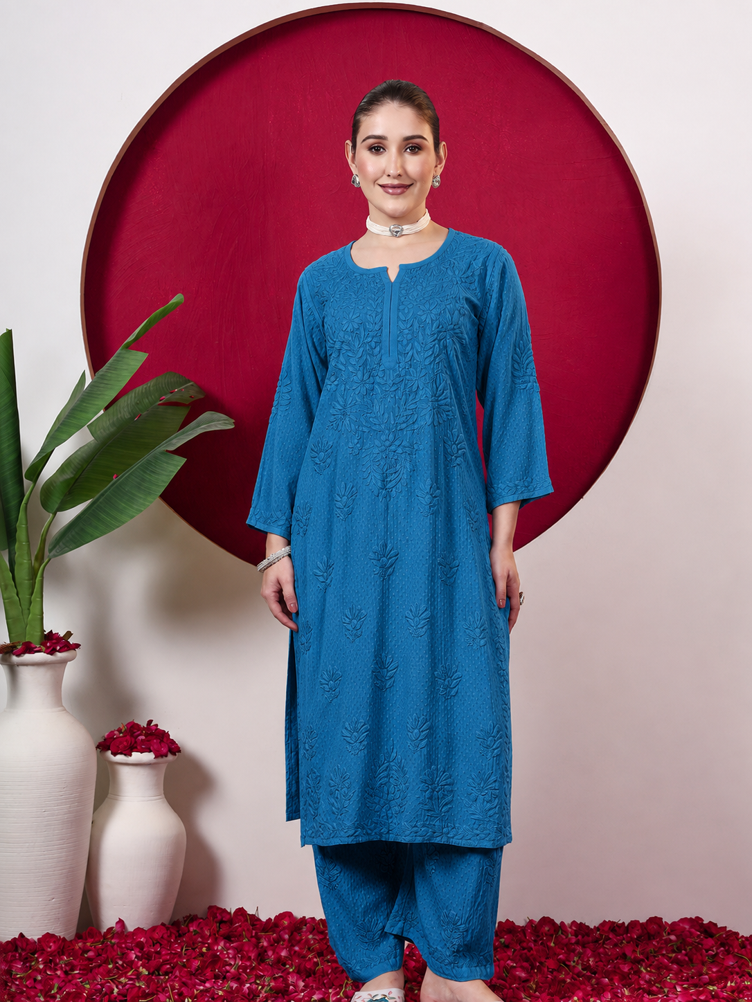 Rishika Rayon Chikankari Kurta Set - Blue
