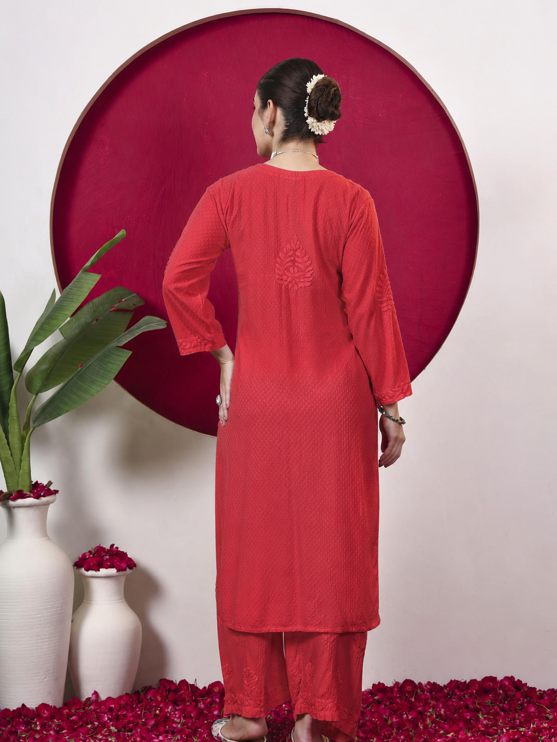 Rishika Rayon Chikankari Kurta Set - Coral