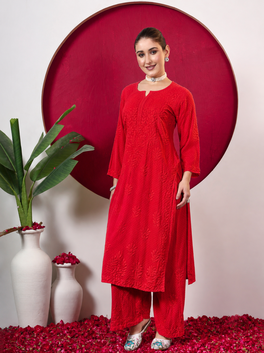 Rishika Rayon Chikankari Kurta Set - Red