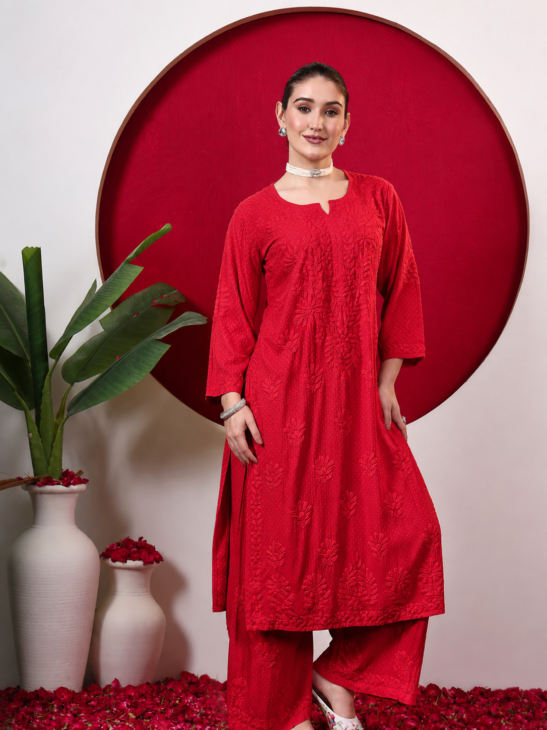 Rishika Rayon Chikankari Kurta Set - Red