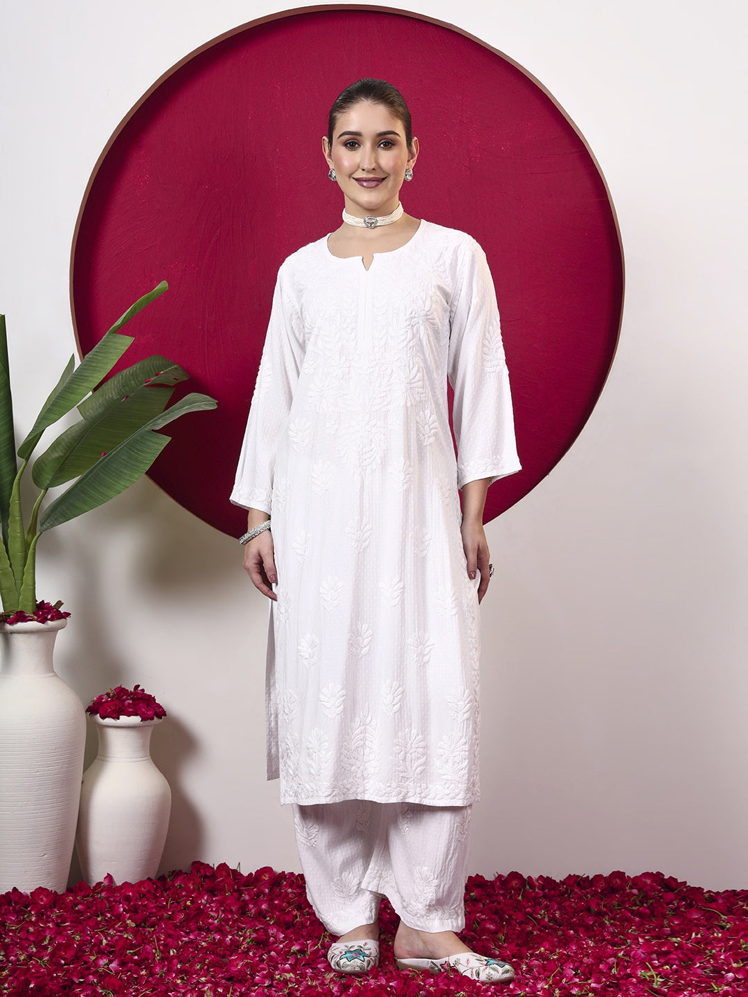 Rishika Rayon Chikankari Kurta Set - White