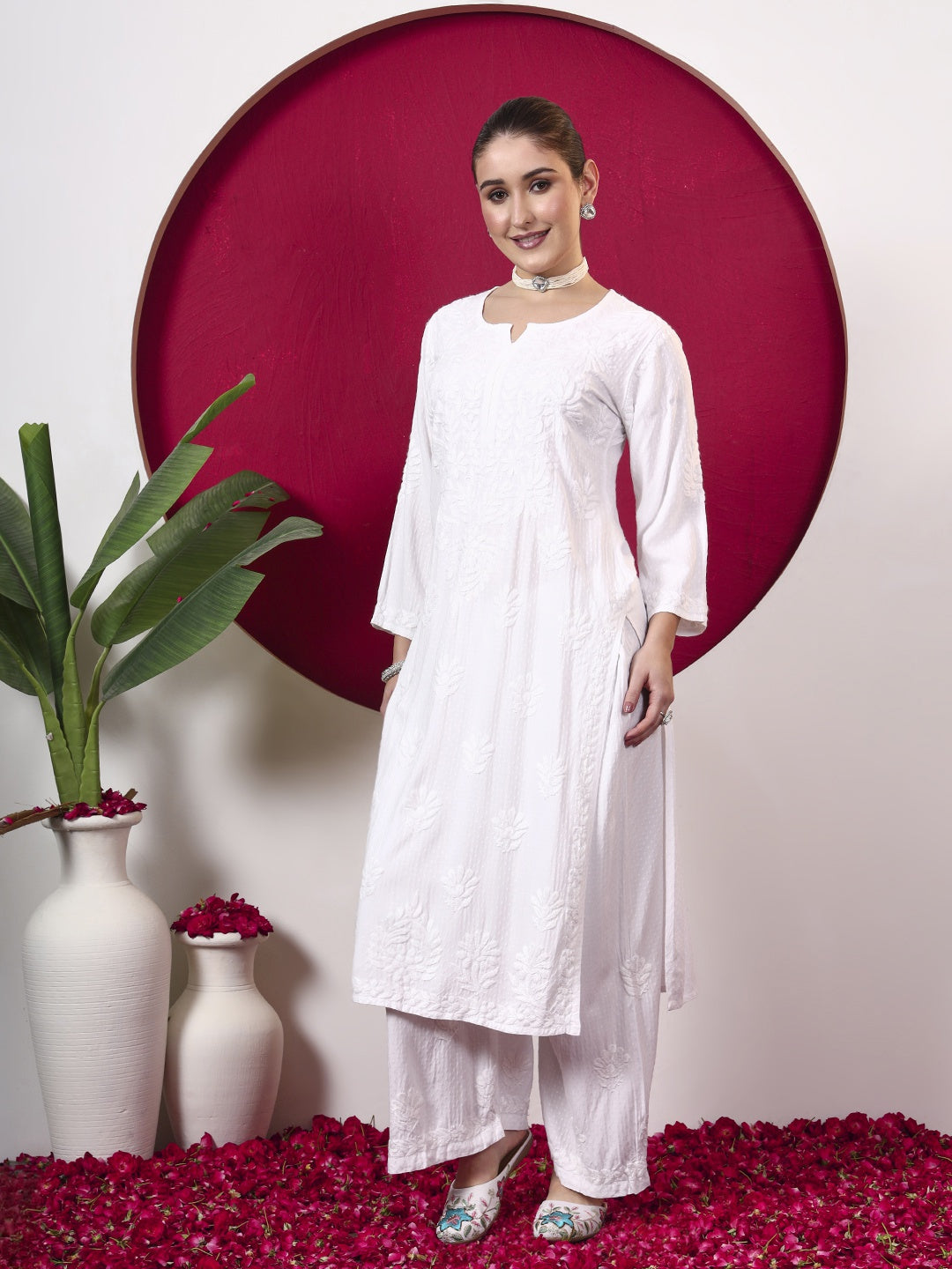 Rishika Rayon Chikankari Kurta Set - White