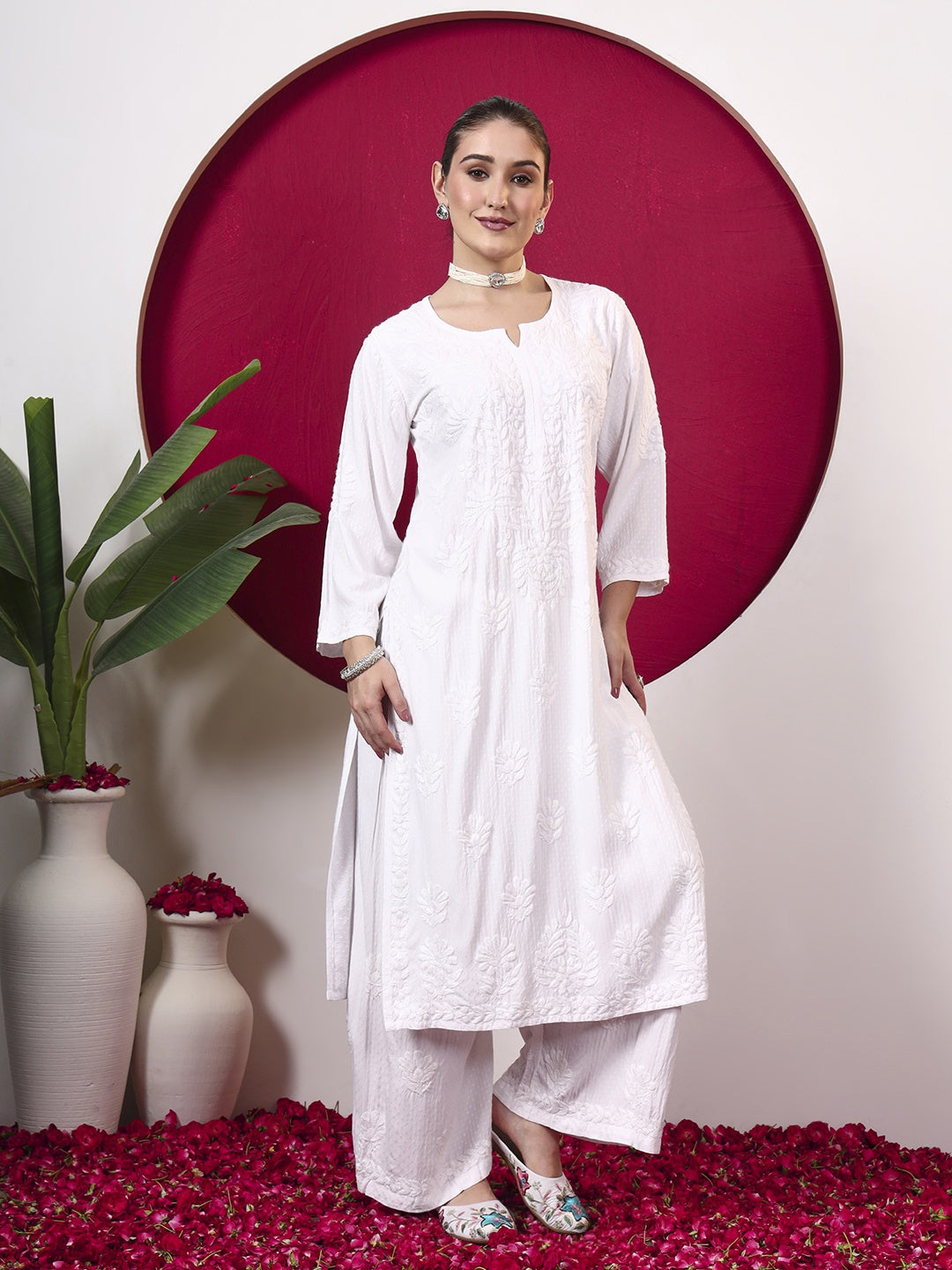 Rishika Rayon Chikankari Kurta Set - White