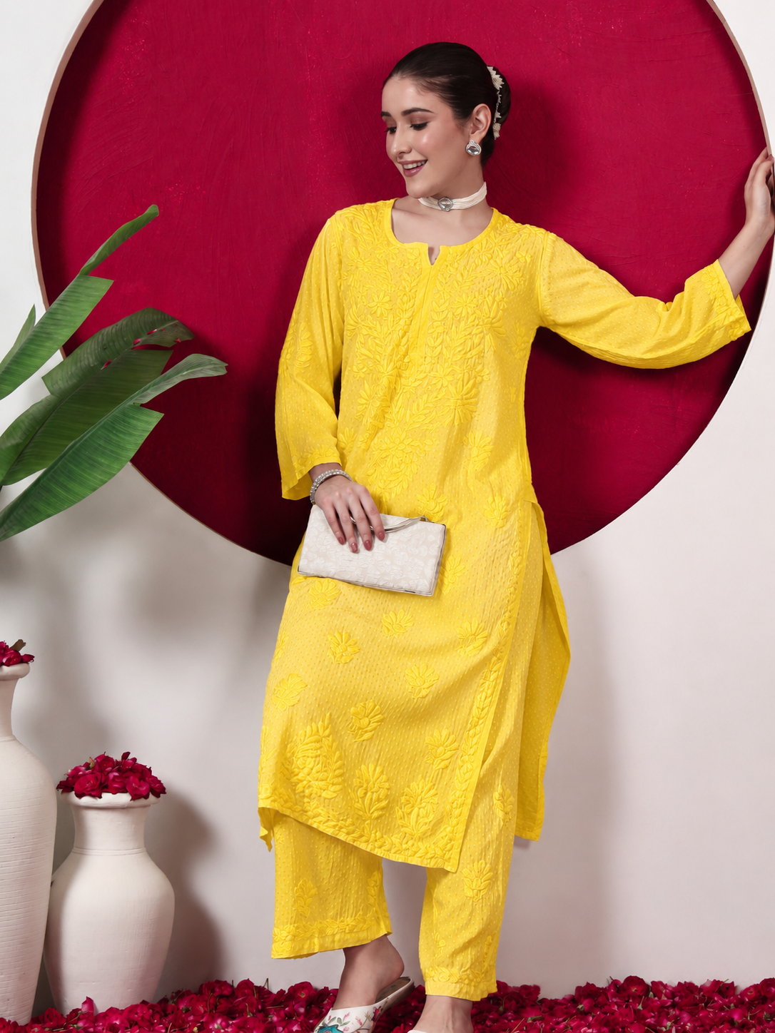 Rishika Rayon Chikankari Kurta Set - Yellow