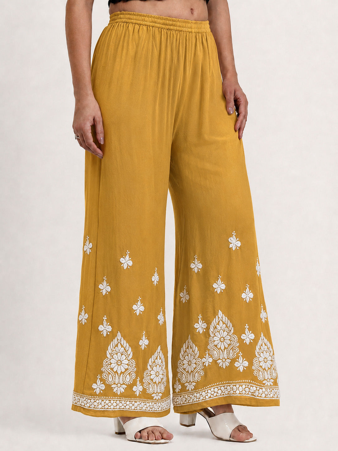 Riva Rayon Chikankari Straight Palazzo - Mustard