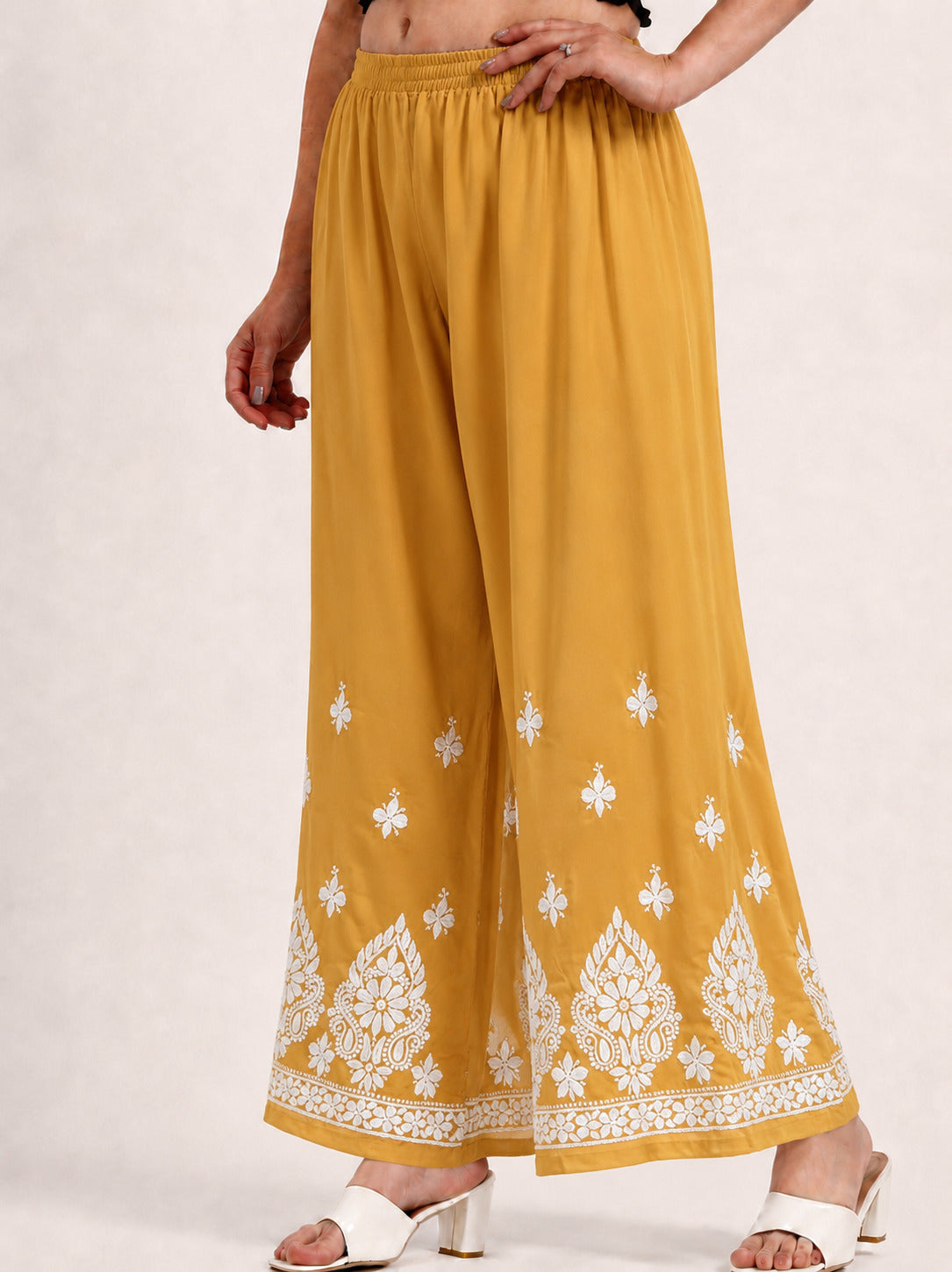 Riva Rayon Chikankari Straight Palazzo - Mustard