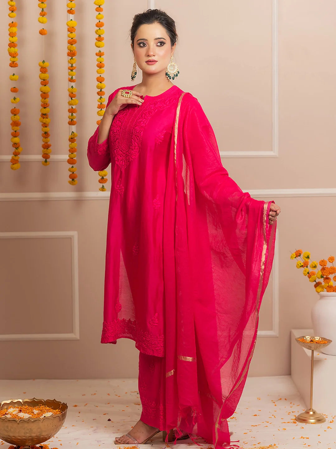Hot Pink Riwaayat Chanderi Chikankari Kurta Set