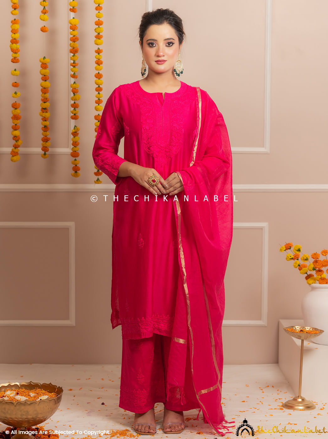 Riwaayat Hot Pink Chanderi Chikankari Kurti Palazzo Set