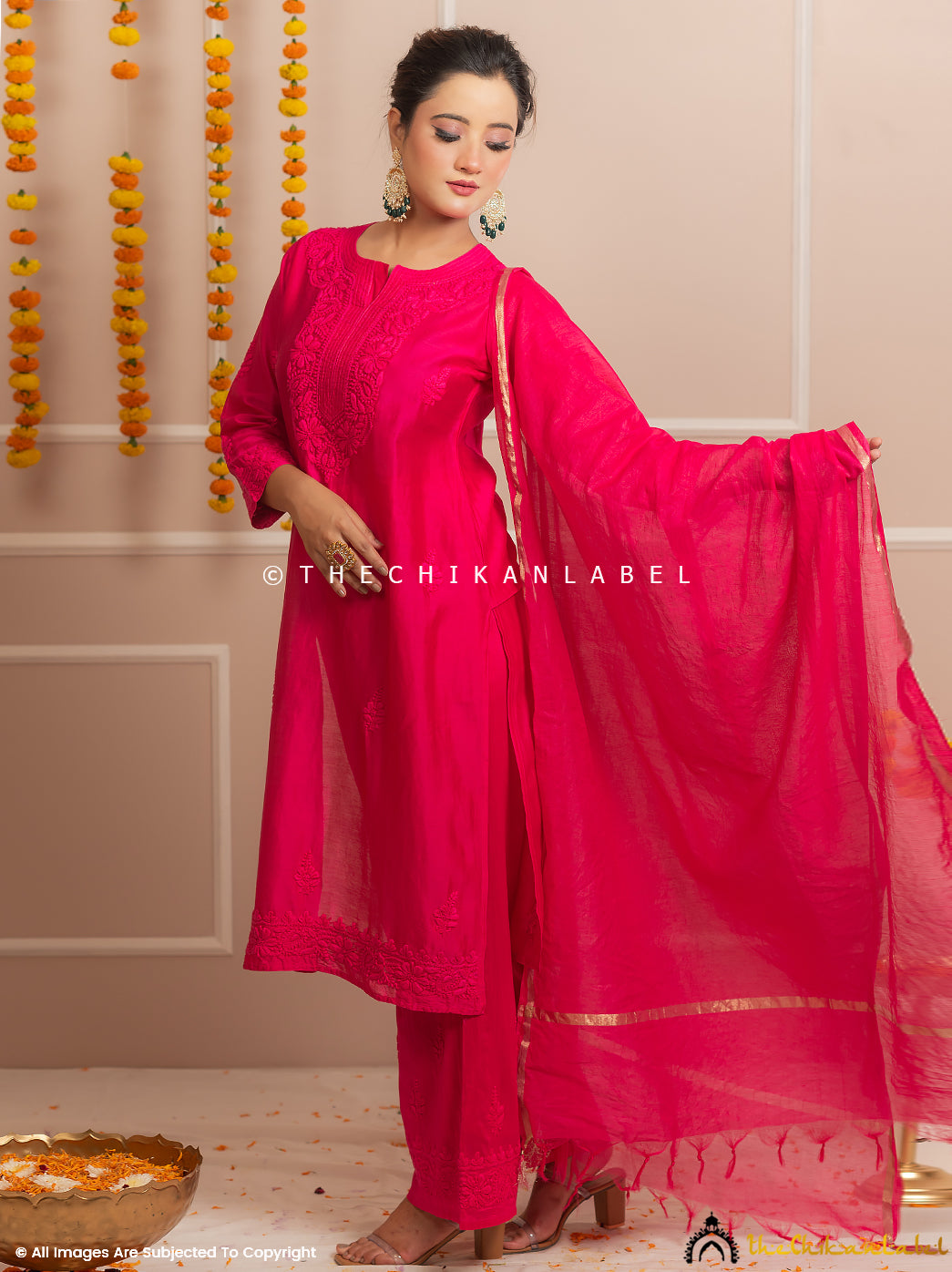 Riwaayat Hot Pink Chanderi Chikankari Kurti Palazzo Set