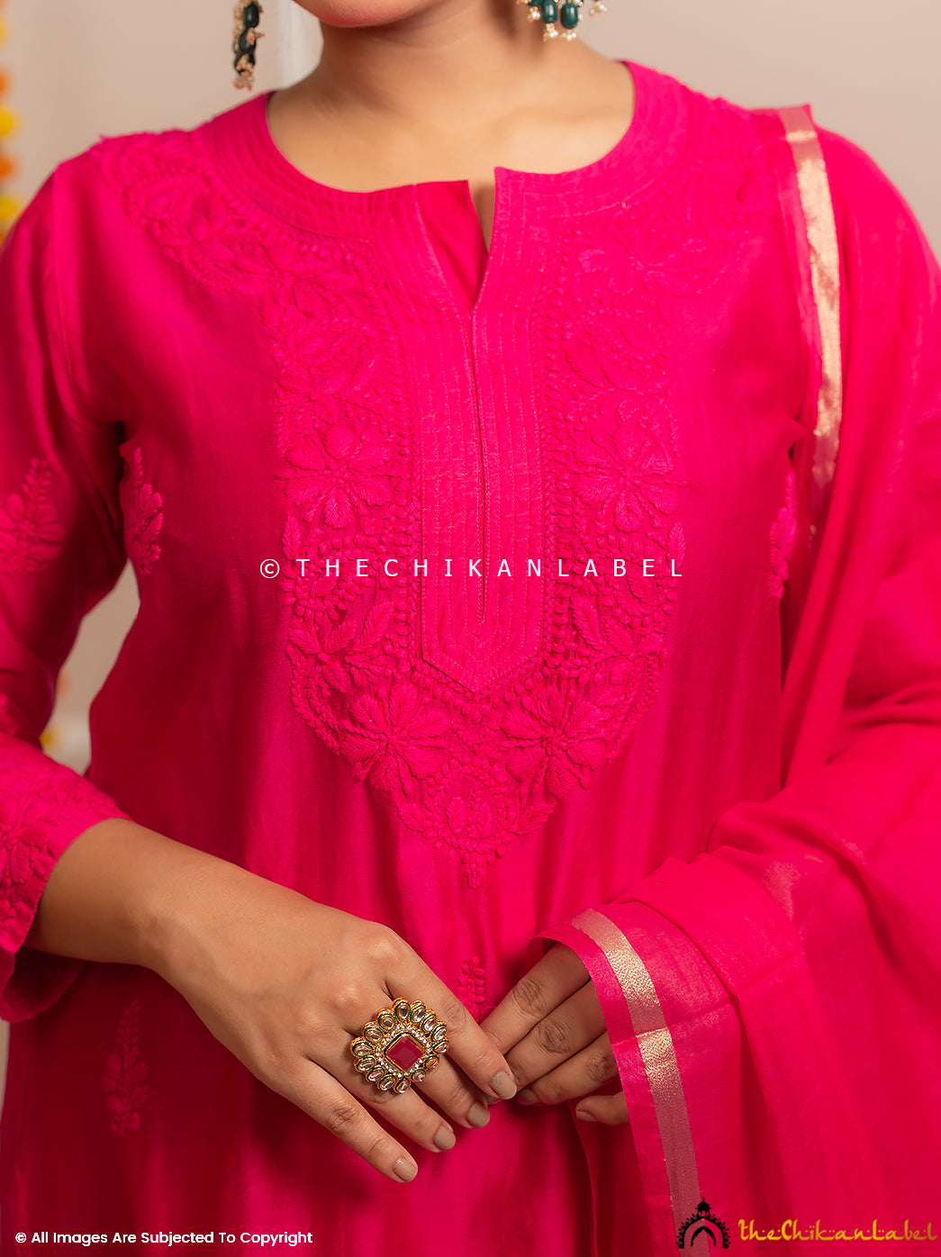 Riwaayat Hot Pink Chanderi Chikankari Kurti Palazzo Set